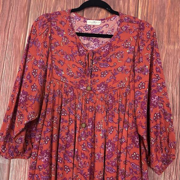 Natural life Rose Dress Rust Purple Floral Tie Neck Babydoll Womens Medium - Picture 3 of 7
